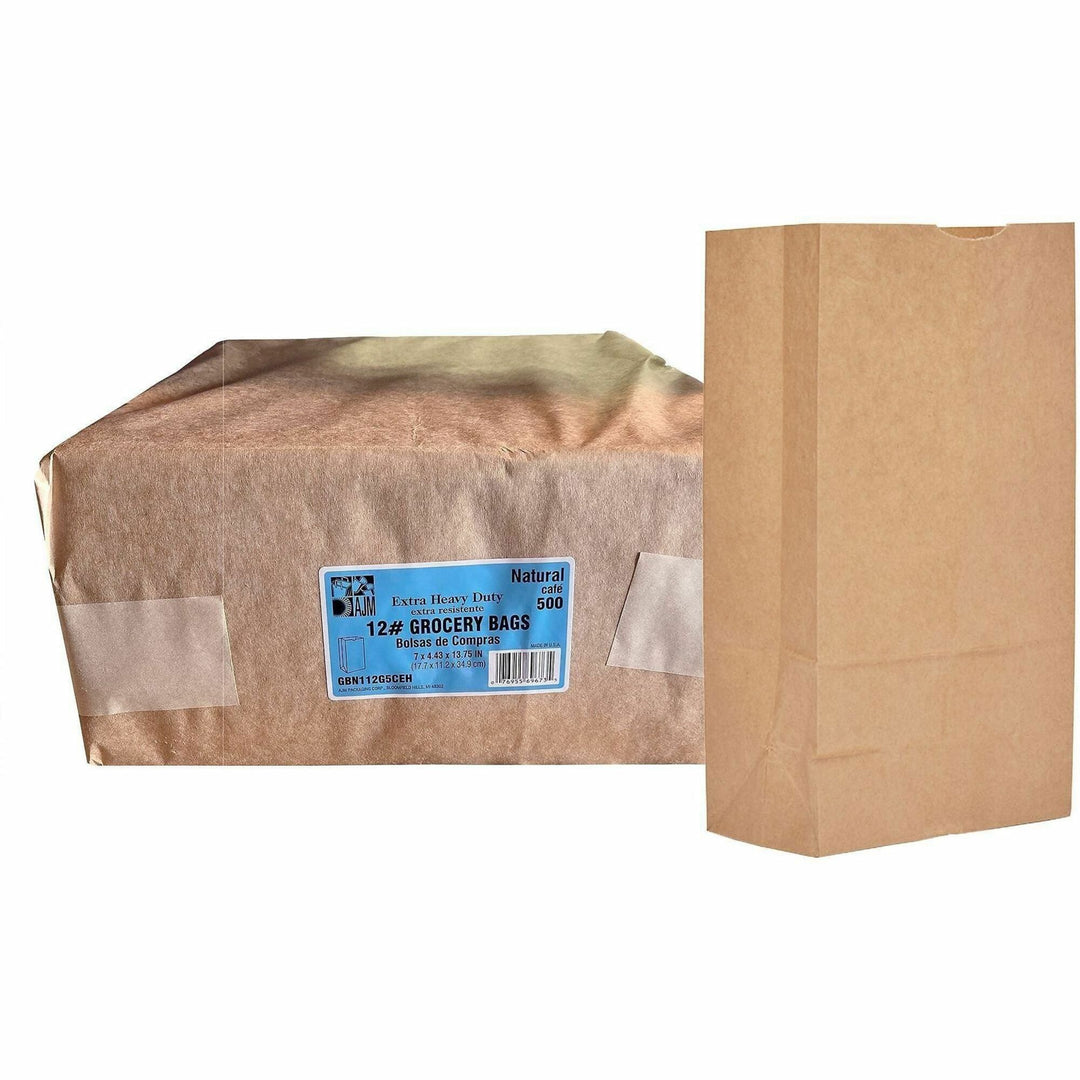 Image of AJM GBN112G5CEHE #12 Extra Heavy-Duty Kraft Paper Grocery Bags, #12, Natural Kraft, Paper, Grocery, Supplies, 500 / Carton