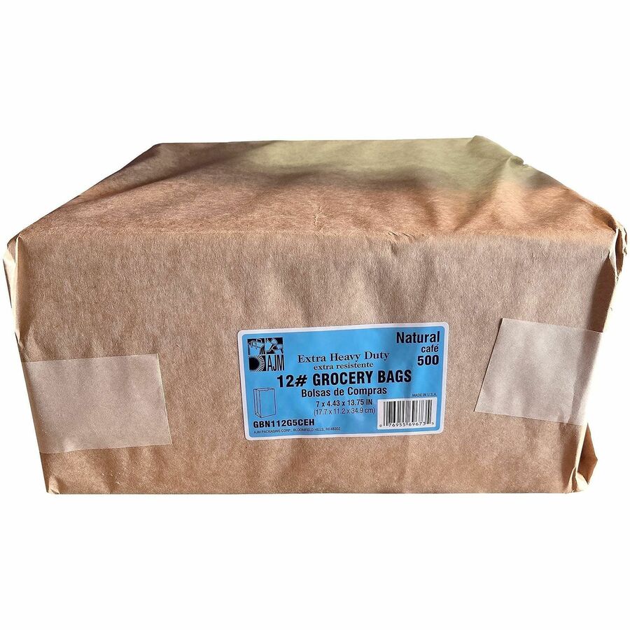 Image of AJM GBN112G5CEHE #12 Extra Heavy-Duty Kraft Paper Grocery Bags, #12, Natural Kraft, Paper, Grocery, Supplies, 500 / Carton
