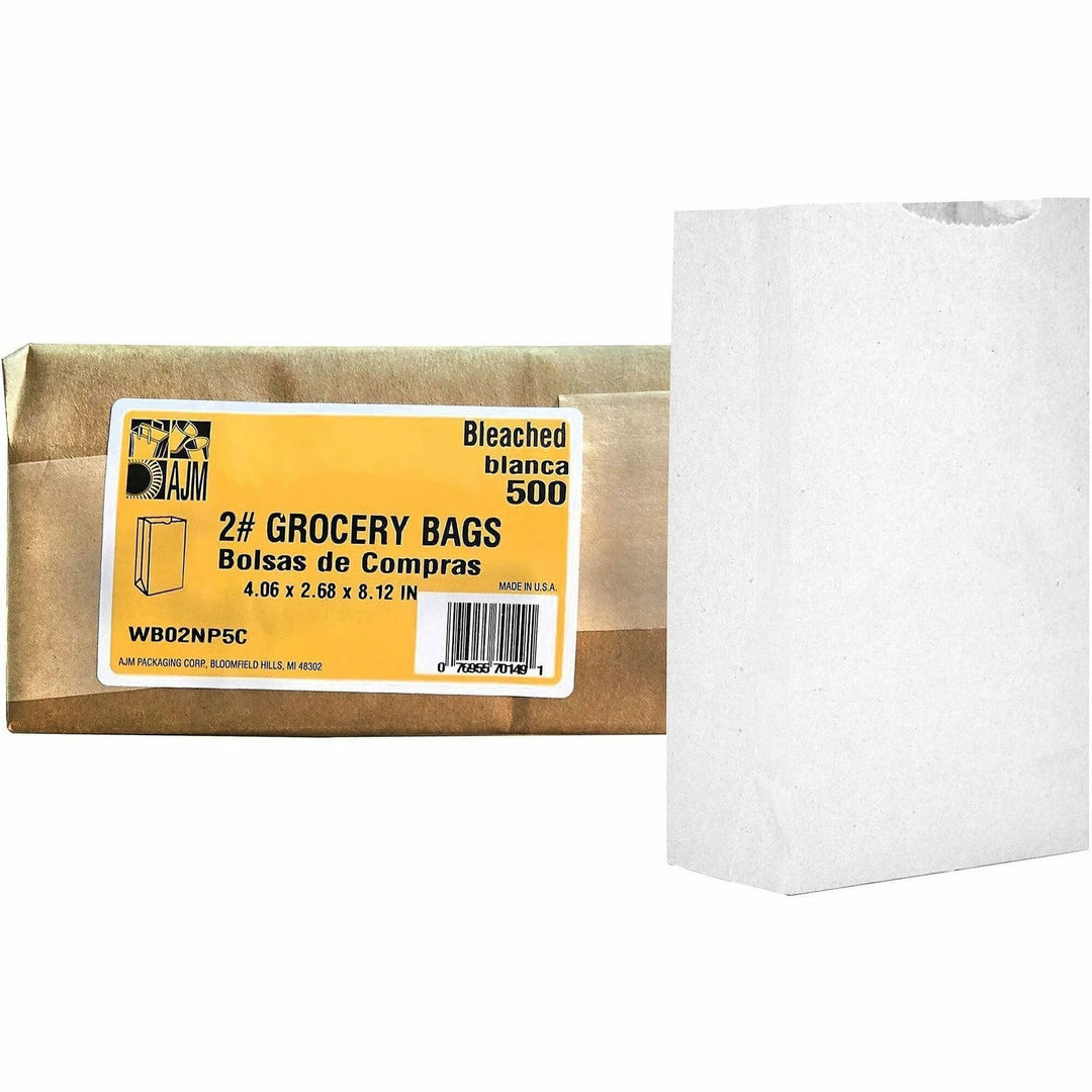 Image of AJM WB02NP5CES #2 White Paper Grocery Bags, #2, Bleached Kraft, Paper, Grocery, Supplies, Recycled, 500 / Carton