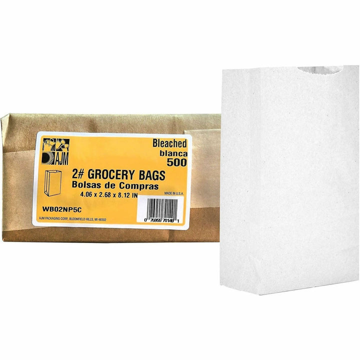 Image of AJM WB02NP5CES #2 White Paper Grocery Bags, #2, Bleached Kraft, Paper, Grocery, Supplies, Recycled, 500 / Carton