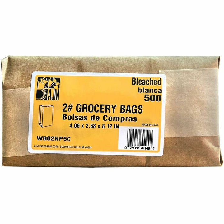 Image of AJM WB02NP5CES #2 White Paper Grocery Bags, #2, Bleached Kraft, Paper, Grocery, Supplies, Recycled, 500 / Carton