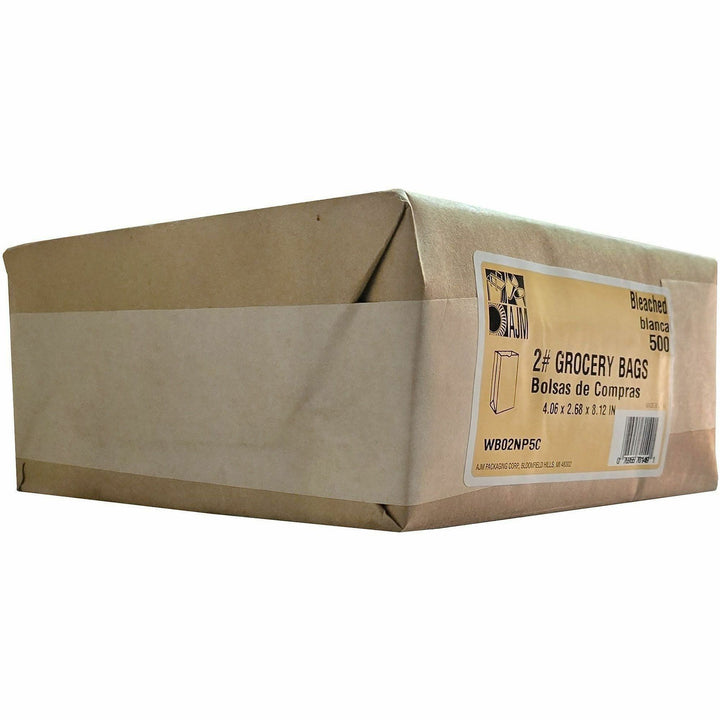 Image of AJM WB02NP5CES #2 White Paper Grocery Bags, #2, Bleached Kraft, Paper, Grocery, Supplies, Recycled, 500 / Carton