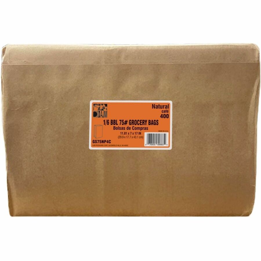 Image of AJM GS75NP4CES 1/6 BBL #75 Kraft Paper Grocery Sacks, 6.72 gal Capacity, Natural Kraft, Paper, Foodservice, Grocery, Supplies, 400 / Carton