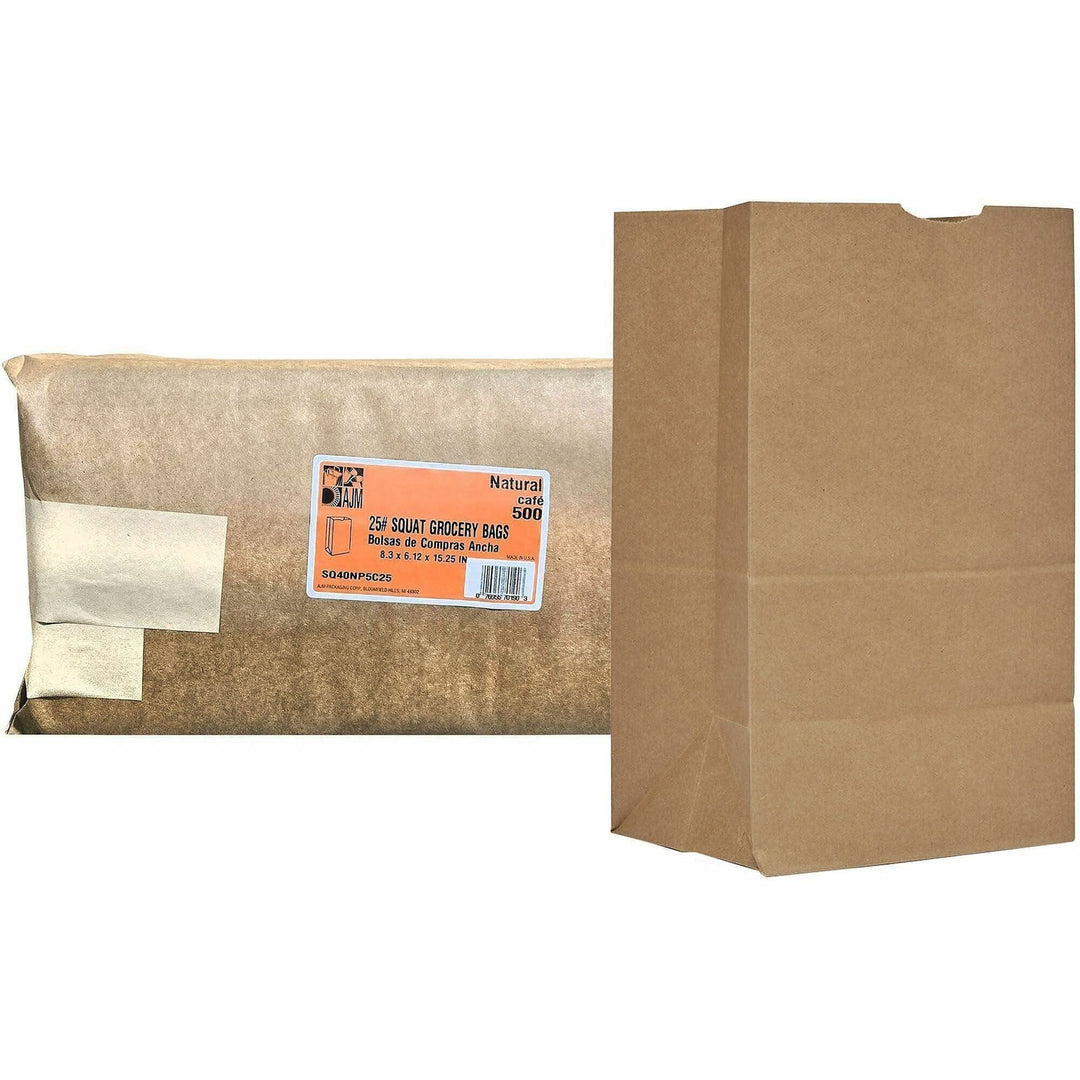 Image of AJM SQ40NP5C25ES #25 Squat Kraft Paper Grocery Bags, #25, 6.10" L x 8.25" Width, Natural Kraft, Paper, Grocery, Recycled, 500 / Carton