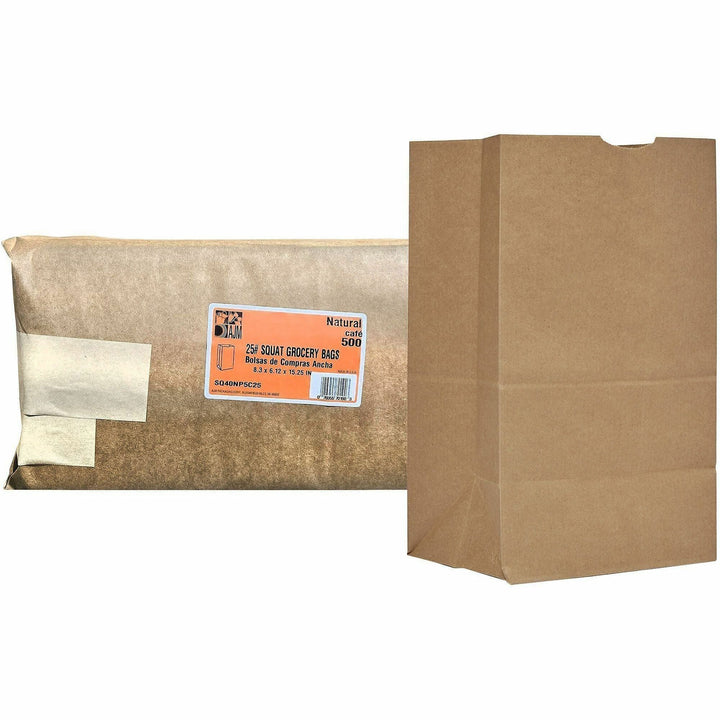 Image of AJM SQ40NP5C25ES #25 Squat Kraft Paper Grocery Bags, #25, 6.10" L x 8.25" Width, Natural Kraft, Paper, Grocery, Recycled, 500 / Carton