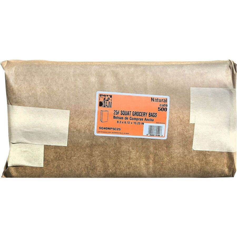 Image of AJM SQ40NP5C25ES #25 Squat Kraft Paper Grocery Bags, #25, 6.10" L x 8.25" Width, Natural Kraft, Paper, Grocery, Recycled, 500 / Carton