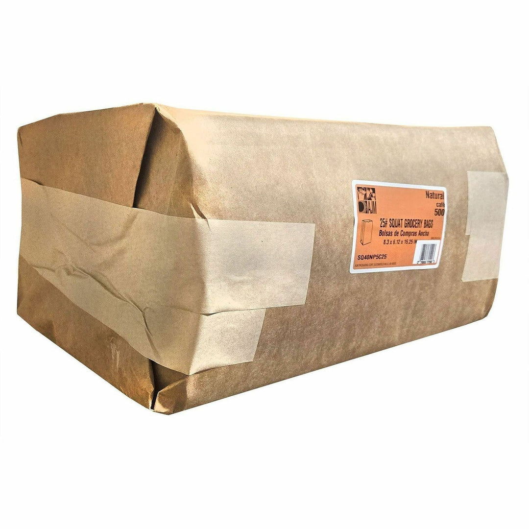 Image of AJM SQ40NP5C25ES #25 Squat Kraft Paper Grocery Bags, #25, 6.10" L x 8.25" Width, Natural Kraft, Paper, Grocery, Recycled, 500 / Carton