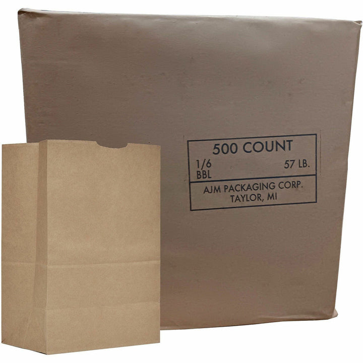 Image of AJM GS57NP5CES 1/6 BBL #57 Kraft Paper Grocery Sacks, #57, 6.72 gal Capacity, Kraft, Paper, Foodservice, Grocery, Supplies, 500 / Carton