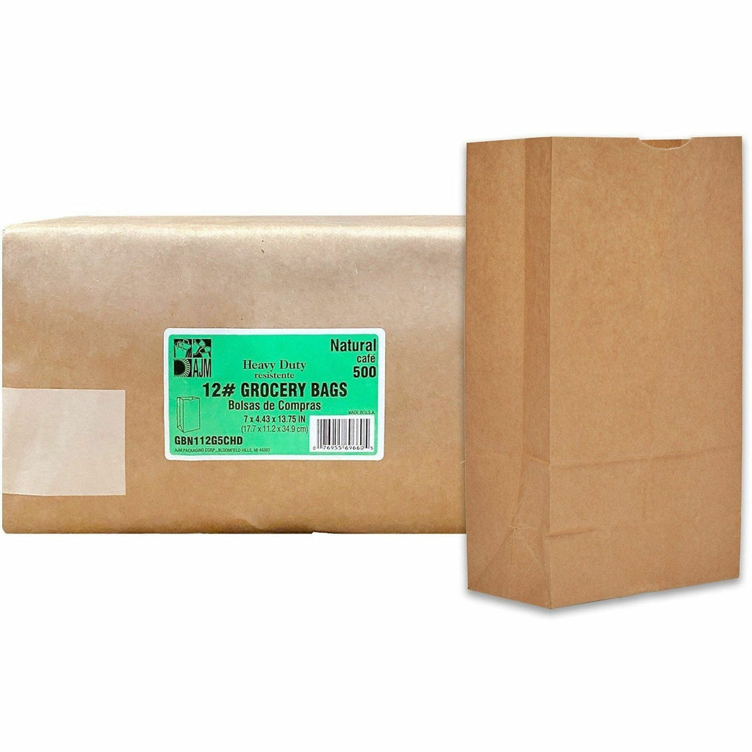 Image of AJM GBN112G5CHDE #12 Squat Heavy-Duty Kraft Paper Grocery Bags, #12, Natural Kraft, Paper, Grocery, Supplies, 500 / Carton