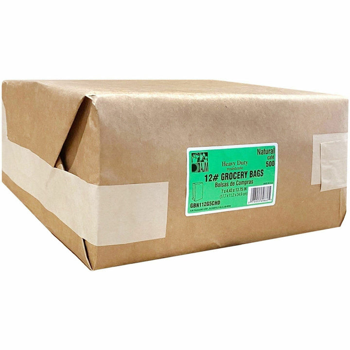 Image of AJM GBN112G5CHDE #12 Squat Heavy-Duty Kraft Paper Grocery Bags, #12, Natural Kraft, Paper, Grocery, Supplies, 500 / Carton