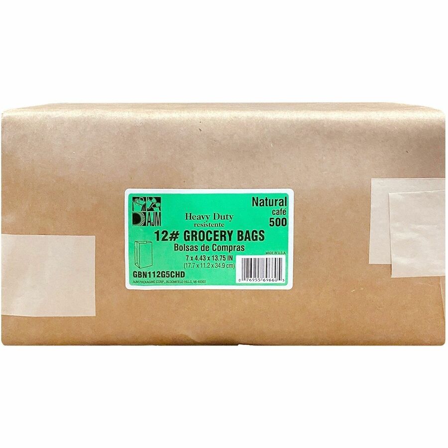 Image of AJM GBN112G5CHDE #12 Squat Heavy-Duty Kraft Paper Grocery Bags, #12, Natural Kraft, Paper, Grocery, Supplies, 500 / Carton