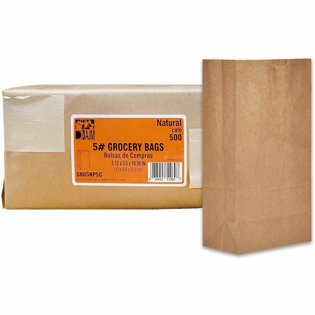 Image of AJM GB05NP5CES #5 Squat Kraft Paper Grocery Bags, #5, Natural Kraft, Paper, Grocery, Supplies, Recycled, 500 / Carton
