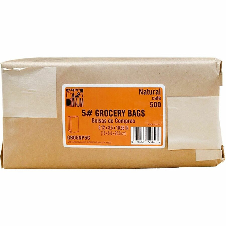 Image of AJM GB05NP5CES #5 Squat Kraft Paper Grocery Bags, #5, Natural Kraft, Paper, Grocery, Supplies, Recycled, 500 / Carton