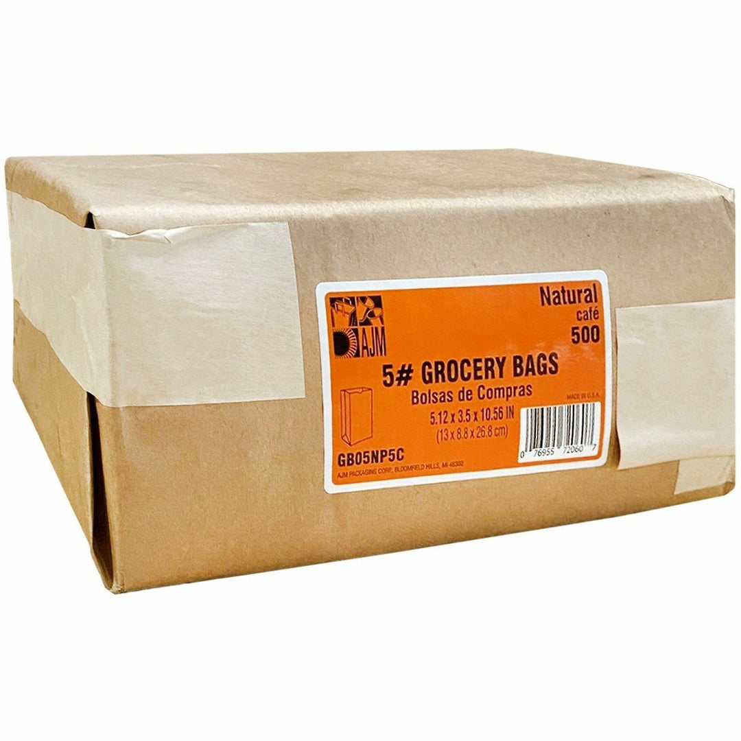 Image of AJM GB05NP5CES #5 Squat Kraft Paper Grocery Bags, #5, Natural Kraft, Paper, Grocery, Supplies, Recycled, 500 / Carton
