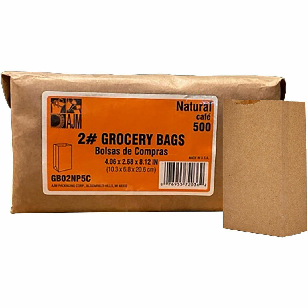 Image of AJM GB02NP5CES #2 Kraft Paper Grocery Bags, #2, 2.40" L x 4.30" Width, Brown, Paper, Grocery, Supplies, Recycled, 500 / Pack