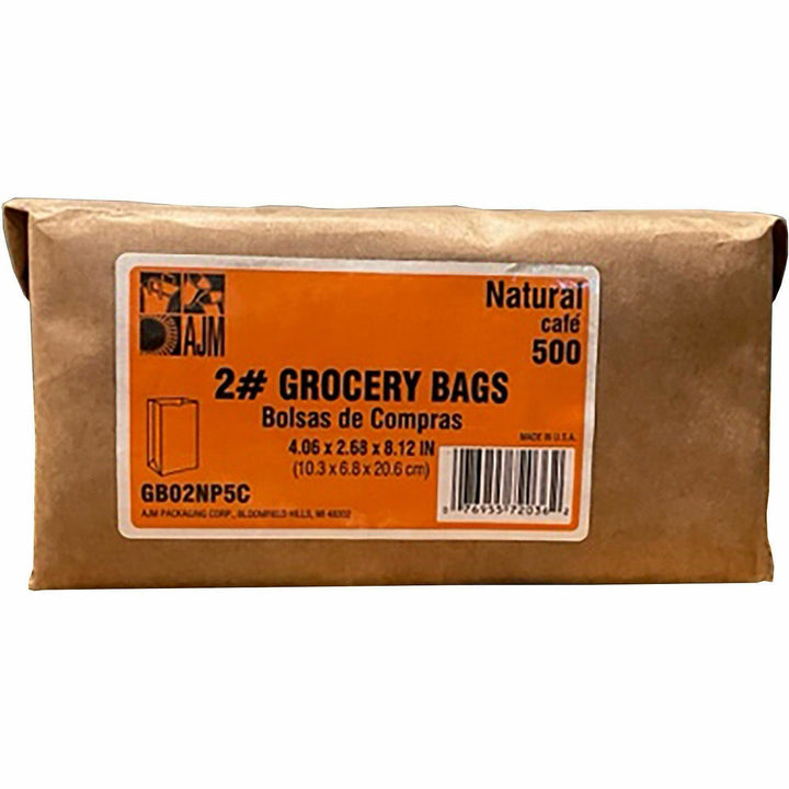 Image of AJM GB02NP5CES #2 Kraft Paper Grocery Bags, #2, 2.40" L x 4.30" Width, Brown, Paper, Grocery, Supplies, Recycled, 500 / Pack