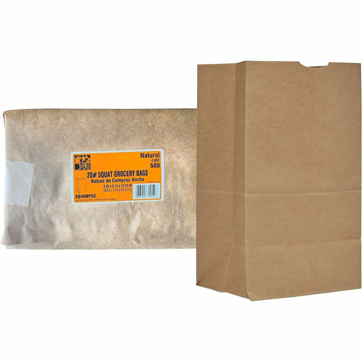 Image of AJM SQ40NP5CES #20 Squat Kraft Paper Grocery Bags, #20, Natural Kraft, Paper, Grocery, Supplies, Recycled, 500 / Carton