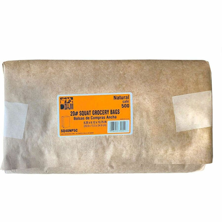 Image of AJM SQ40NP5CES #20 Squat Kraft Paper Grocery Bags, #20, Natural Kraft, Paper, Grocery, Supplies, Recycled, 500 / Carton