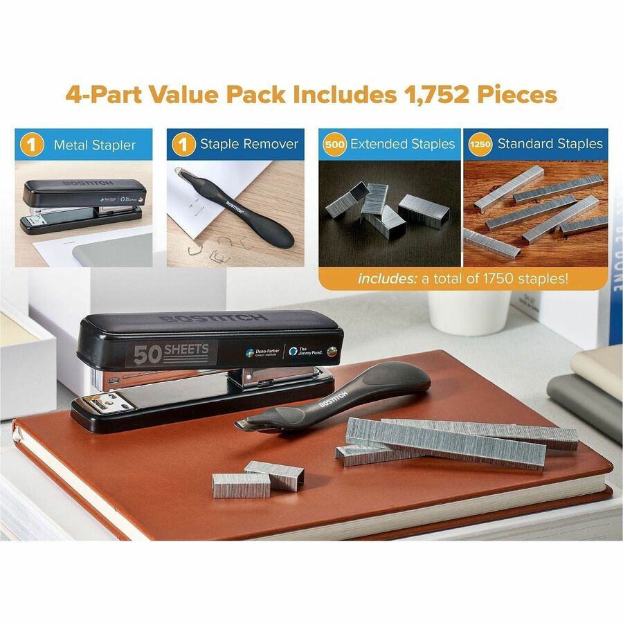 Image of Bostitch B615BLKVP Titan Heavy-Duty Stapler Value Pack, Staples Upto 50 Sheet, Staple Size: 0.25" , 0.31", Black, Metal, Rubber, 1 Each