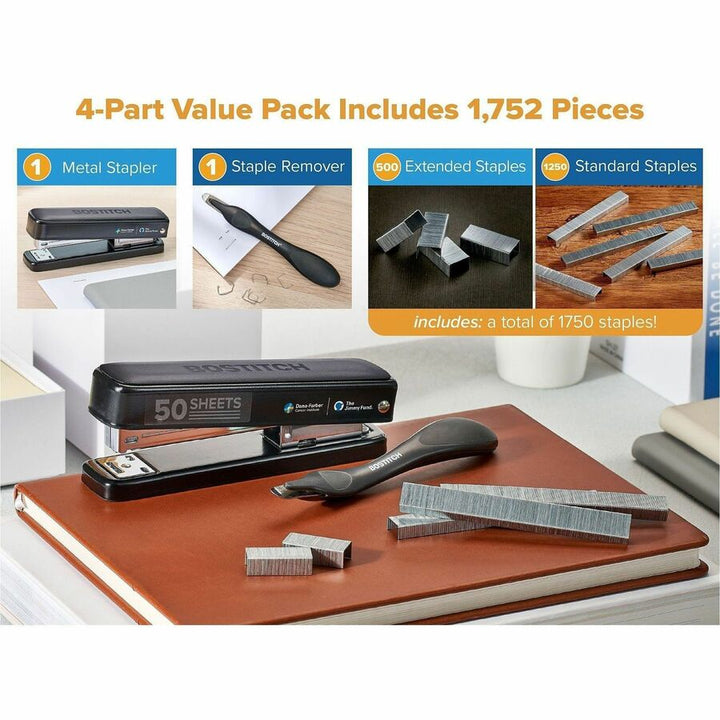 Image of Bostitch B615BLKVP Titan Heavy-Duty Stapler Value Pack, Staples Upto 50 Sheet, Staple Size: 0.25" , 0.31", Black, Metal, Rubber, 1 Each