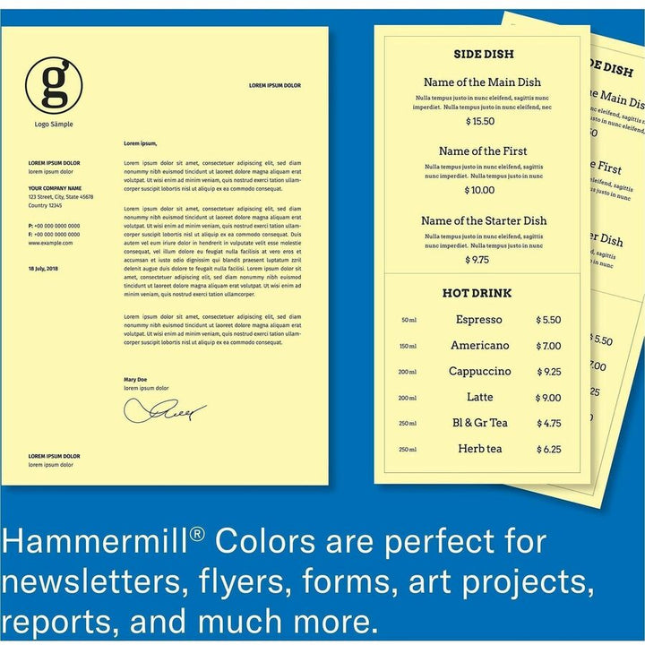 Image of Hammermill 104307CT 24lb Color Paper, Letter, 8 1/2" x 11", 24 lb Basis Weight, Jam-free, Eco-friendly, Canary, 500 Sheets per Ream, 10 / Carton