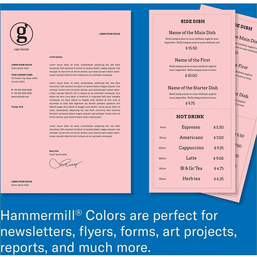 Image of Hammermill 103390CT Color Copier Paper, Legal, 8 1/2" x 14", 20 lb Basis Weight, Jam-free, Eco-friendly, Pink, 500 Sheets per Ream, 10 / Carton