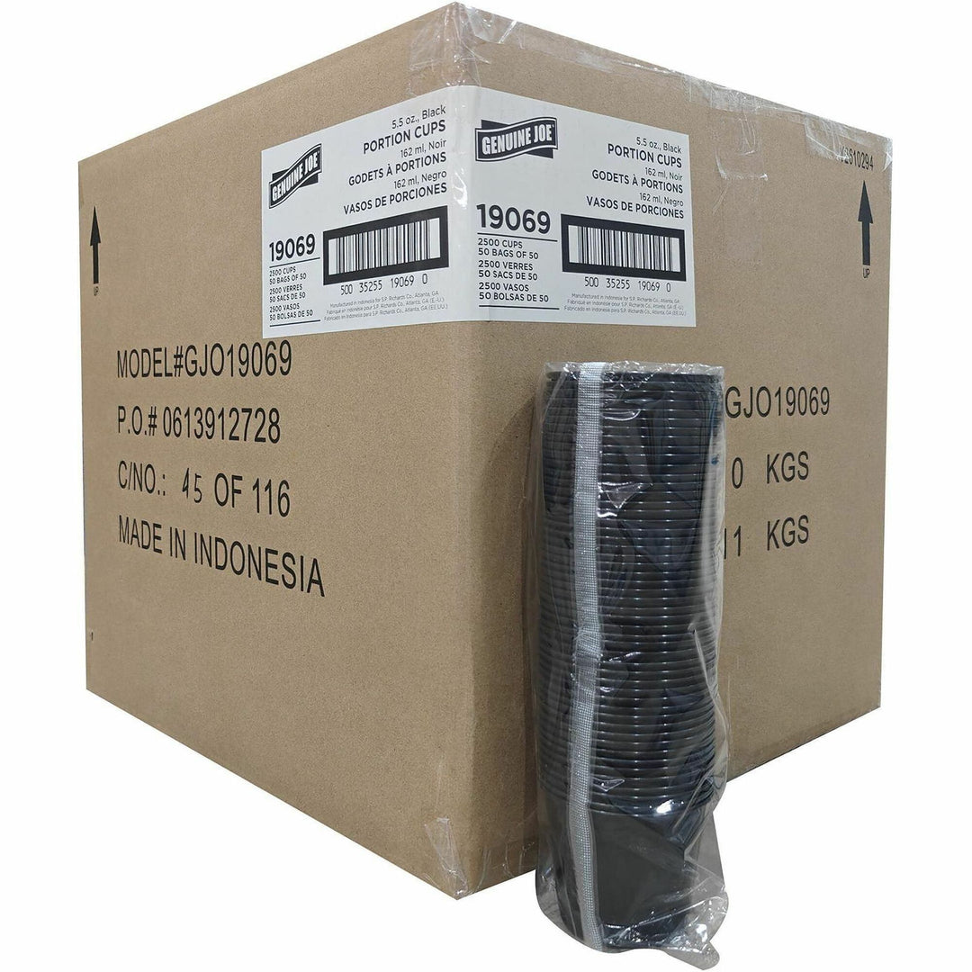Image of Genuine Joe 19069 5.5oz Portion Cups, 5.50 fl oz, Leak Proof Closure, Black, 50 / Carton