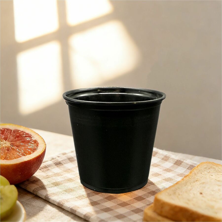 Image of Genuine Joe 19069 5.5oz Portion Cups, 5.50 fl oz, Leak Proof Closure, Black, 50 / Carton