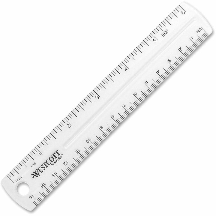 Image of Westcott 45016BX Shatterproof Plastic Ruler, 6" Length, 1/16 Graduations, Metric Measuring System, Plastic, Transparent, Clear, 12 / Box
