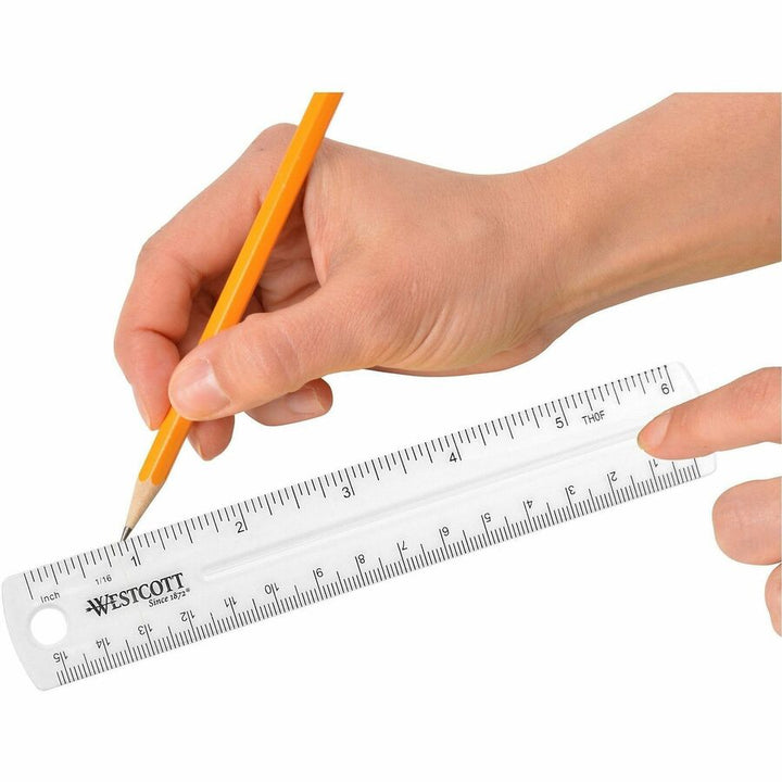 Image of Westcott 45016BX Shatterproof Plastic Ruler, 6" Length, 1/16 Graduations, Metric Measuring System, Plastic, Transparent, Clear, 12 / Box