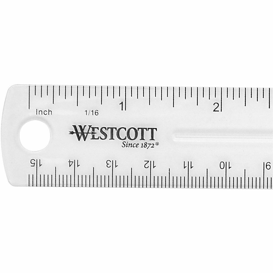 Image of Westcott 45016BX Shatterproof Plastic Ruler, 6" Length, 1/16 Graduations, Metric Measuring System, Plastic, Transparent, Clear, 12 / Box