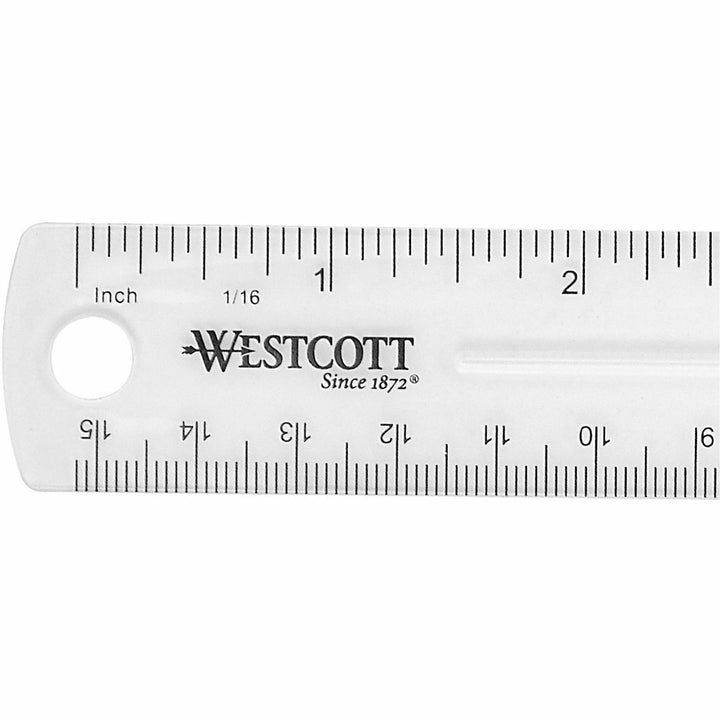 Image of Westcott 45016BX Shatterproof Plastic Ruler, 6" Length, 1/16 Graduations, Metric Measuring System, Plastic, Transparent, Clear, 12 / Box