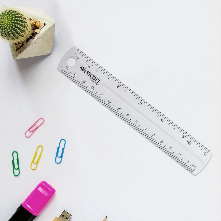 Image of Westcott 45016BX Shatterproof Plastic Ruler, 6" Length, 1/16 Graduations, Metric Measuring System, Plastic, Transparent, Clear, 12 / Box