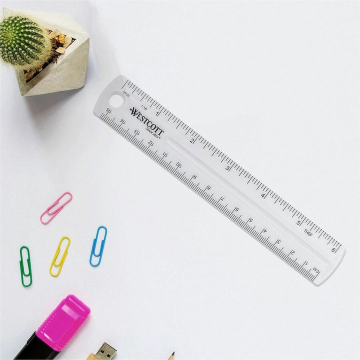Image of Westcott 45016BX Shatterproof Plastic Ruler, 6" Length, 1/16 Graduations, Metric Measuring System, Plastic, Transparent, Clear, 12 / Box