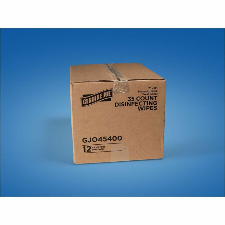 Image of Genuine Joe 45400 Broad-Spectrum Disinfectant Wipes, For Multi Surface, Wipe, Recommended For: Bacteria Remover, Blue, 35 Wipes/Tub, 12 / Carton