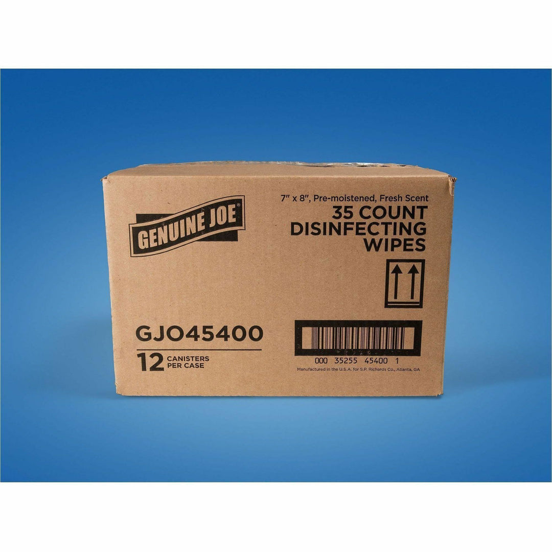 Image of Genuine Joe 45400 Broad-Spectrum Disinfectant Wipes, For Multi Surface, Wipe, Recommended For: Bacteria Remover, Blue, 35 Wipes/Tub, 12 / Carton