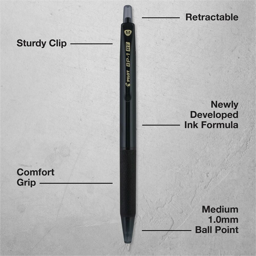 Image of Pilot 21634 BP-1 RT Ballpoint Pens, 1.0 mm Pen Point, Retractable, Black Ink, Oil Based, Stainless Steel Tip, Writing, School, Home, 12 / Dozen