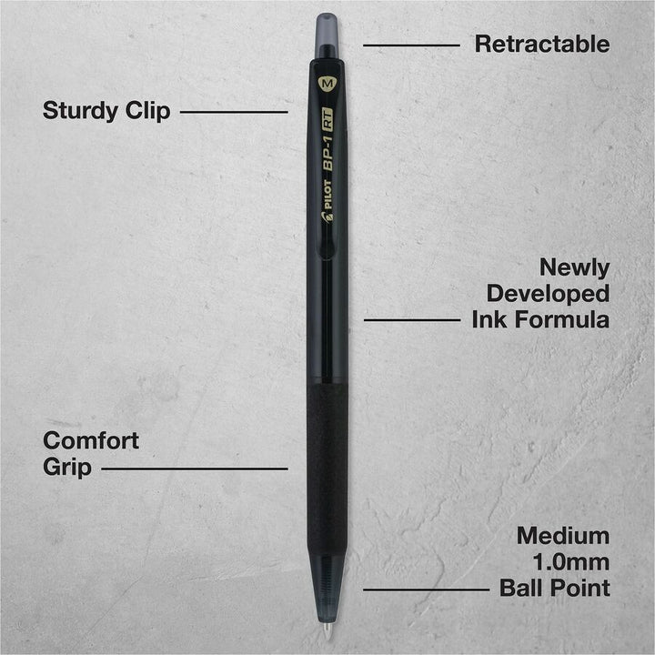 Image of Pilot 21634 BP-1 RT Ballpoint Pens, 1.0 mm Pen Point, Retractable, Black Ink, Oil Based, Stainless Steel Tip, Writing, School, Home, 12 / Dozen