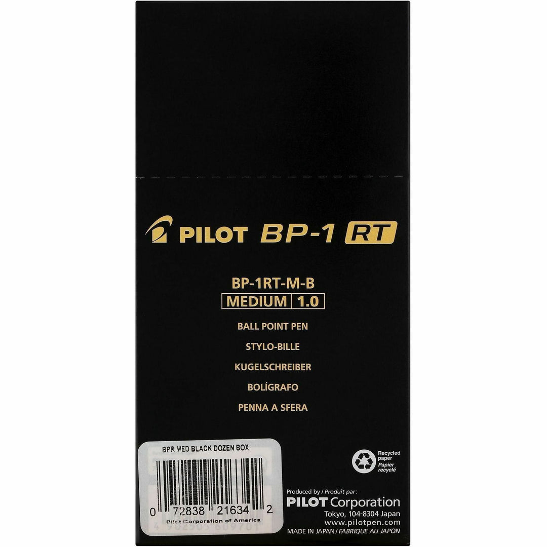 Image of Pilot 21634 BP-1 RT Ballpoint Pens, 1.0 mm Pen Point, Retractable, Black Ink, Oil Based, Stainless Steel Tip, Writing, School, Home, 12 / Dozen