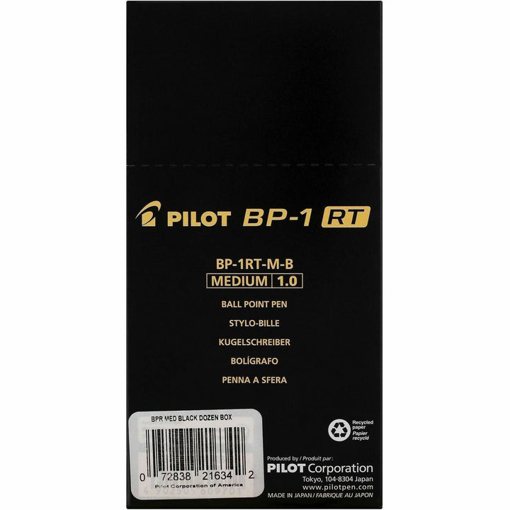 Image of Pilot 21634 BP-1 RT Ballpoint Pens, 1.0 mm Pen Point, Retractable, Black Ink, Oil Based, Stainless Steel Tip, Writing, School, Home, 12 / Dozen