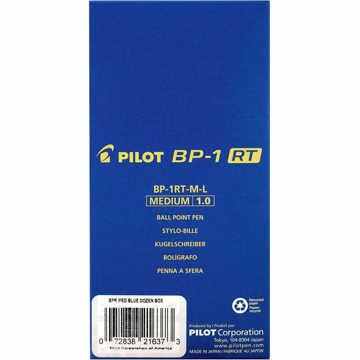 Image of Pilot 21637 BP-1 RT Ballpoint Pens, 1.0 mm Pen Point, Retractable, Blue Ink, Oil Based, Stainless Steel Tip, Writing, School, Home, 12 / Dozen