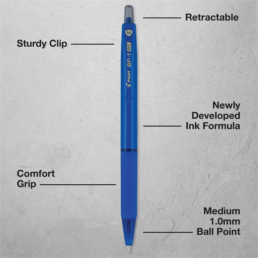Image of Pilot 21637 BP-1 RT Ballpoint Pens, 1.0 mm Pen Point, Retractable, Blue Ink, Oil Based, Stainless Steel Tip, Writing, School, Home, 12 / Dozen