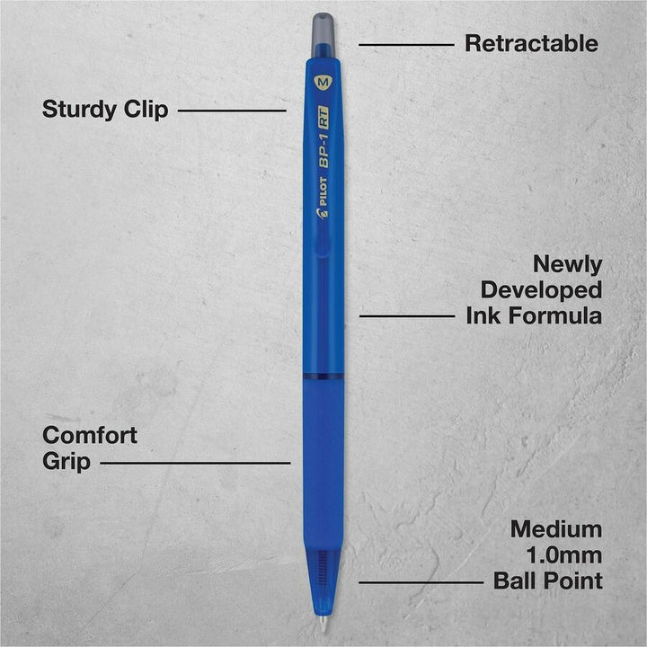 Image of Pilot 21637 BP-1 RT Ballpoint Pens, 1.0 mm Pen Point, Retractable, Blue Ink, Oil Based, Stainless Steel Tip, Writing, School, Home, 12 / Dozen