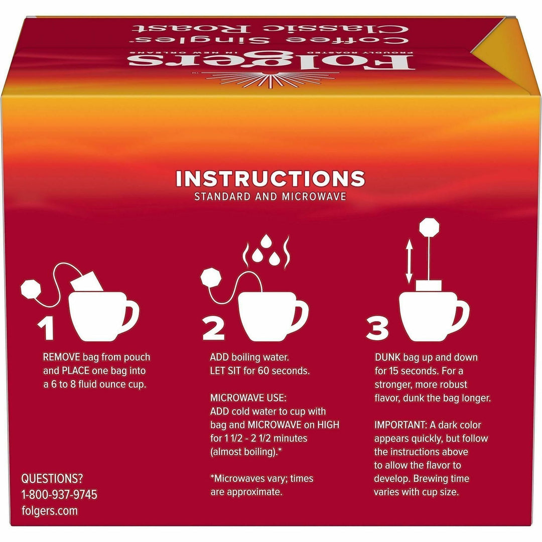Image of Folgers® 81121 Singles Medium-Roast Coffee Bags, Medium, Bag, Instant, Packet, Classic Roast, Kosher, 19 / Box