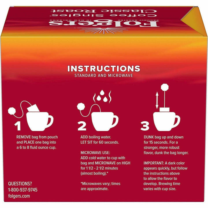 Image of Folgers® 81121 Singles Medium-Roast Coffee Bags, Medium, Bag, Instant, Packet, Classic Roast, Kosher, 19 / Box