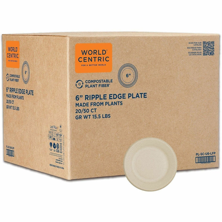 Image of World Centric PLSCU6LFP Compostable Fiber Plate, Food, 6" Diameter, Natural, Bamboo, Fiber Body, 1000 / Carton