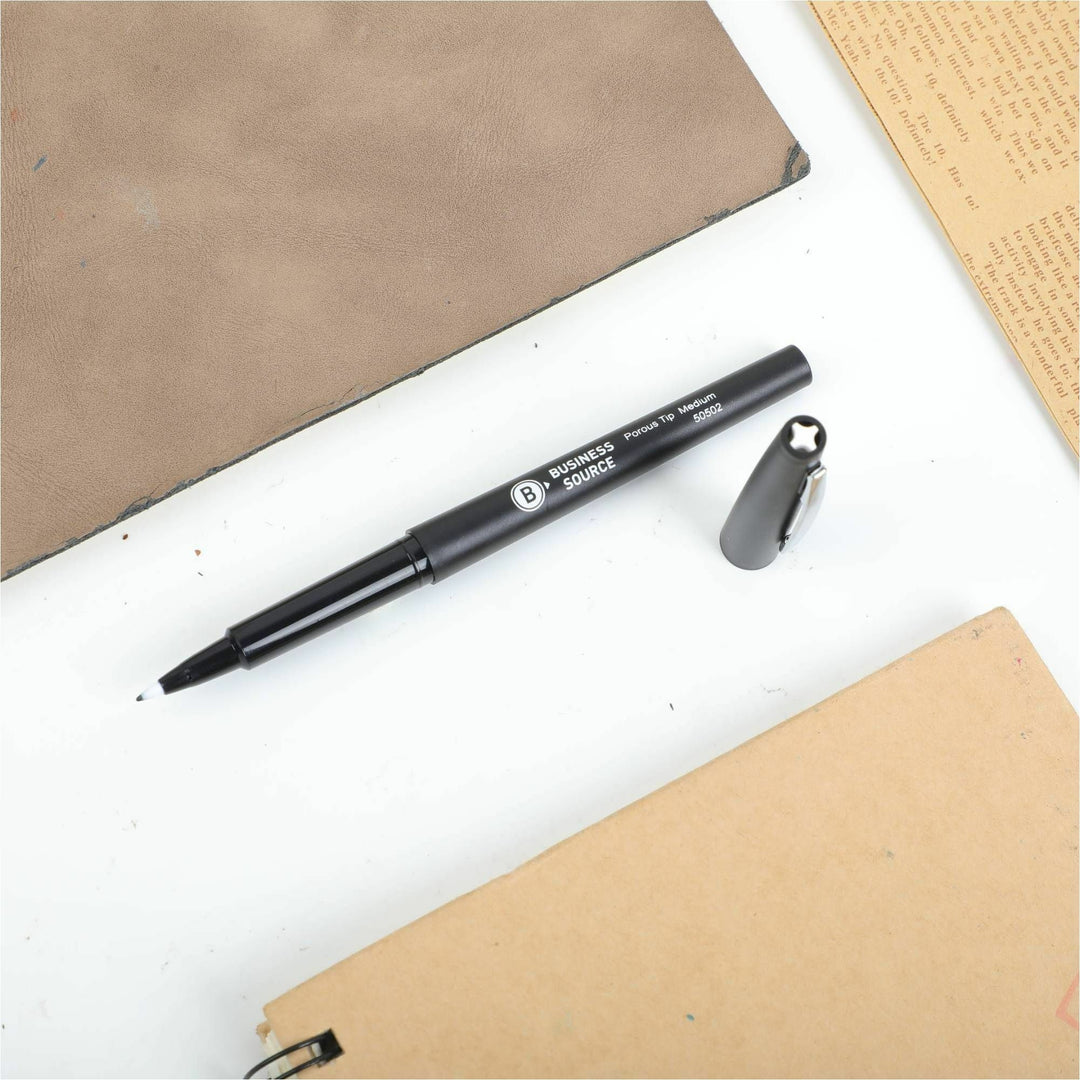 Image of Business Source 50502 Porous Point Pens, 0.7 mm Medium Pen Point, Black Ink, Liquid, Drawing, Writing, 12 / Dozen