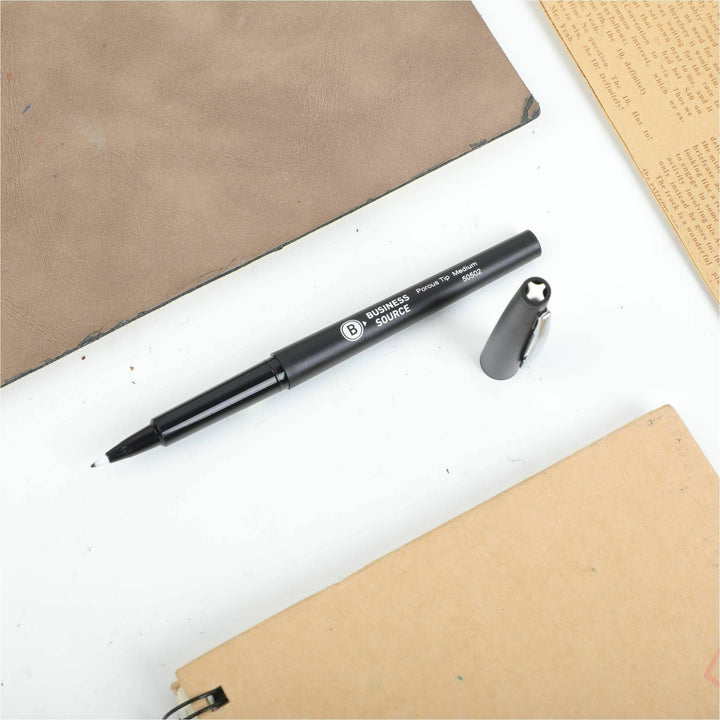 Image of Business Source 50502 Porous Point Pens, 0.7 mm Medium Pen Point, Black Ink, Liquid, Drawing, Writing, 12 / Dozen