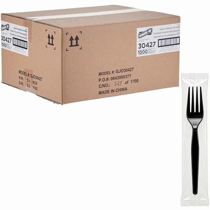 Image of Genuine Joe 30427 Disposable Polystyrene Cutlery, Fork, Fork, Food, Cafeteria, Breakroom, Disposable, Polystyrene, Black, 1 Carton