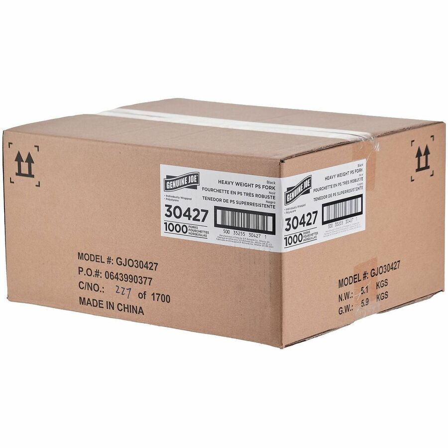 Image of Genuine Joe 30427 Disposable Polystyrene Cutlery, Fork, Fork, Food, Cafeteria, Breakroom, Disposable, Polystyrene, Black, 1 Carton